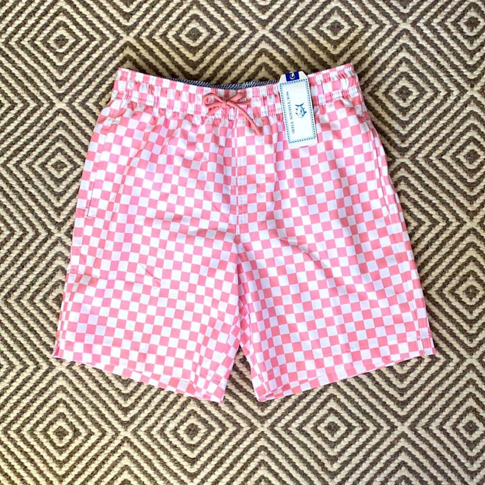 Never worn! Southern Tide Boys Checkerboard Swim Trunks in Fresco Pink